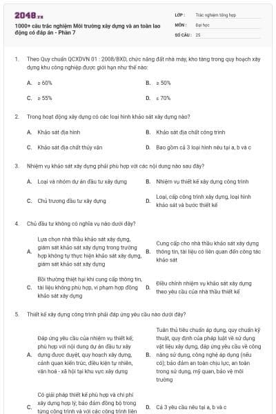 1000+ câu trắc nghiệm Môi trường xây dựng và an toàn lao động có đáp án - Phần 7