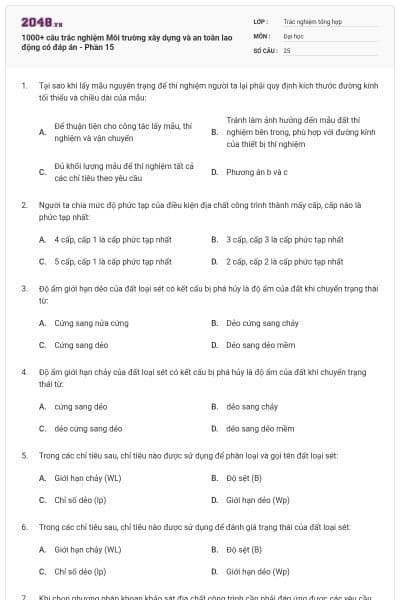 1000+ câu trắc nghiệm Môi trường xây dựng và an toàn lao động có đáp án - Phần 15