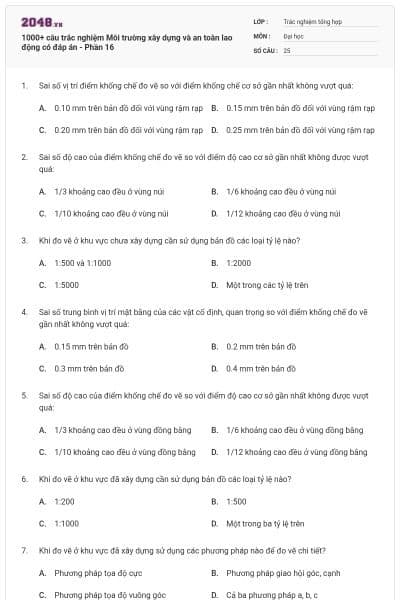 1000+ câu trắc nghiệm Môi trường xây dựng và an toàn lao động có đáp án - Phần 16