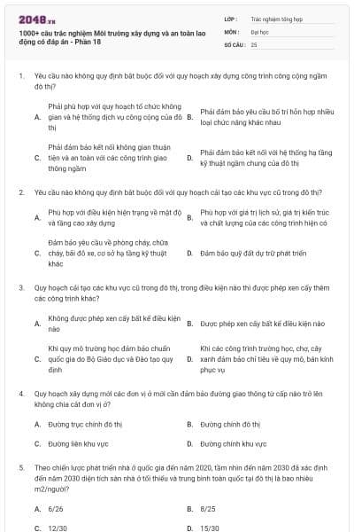 1000+ câu trắc nghiệm Môi trường xây dựng và an toàn lao động có đáp án - Phần 18