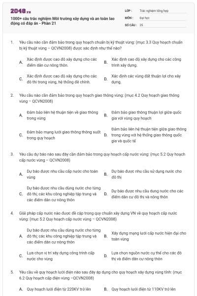 1000+ câu trắc nghiệm Môi trường xây dựng và an toàn lao động có đáp án - Phần 21