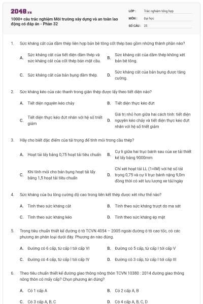 1000+ câu trắc nghiệm Môi trường xây dựng và an toàn lao động có đáp án - Phần 32