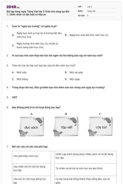 Bài tập hàng ngày Tiếng Việt lớp 3 Chân trời sáng tạo Bài 1: Chiếc nhãn vở đặc biệt có đáp án