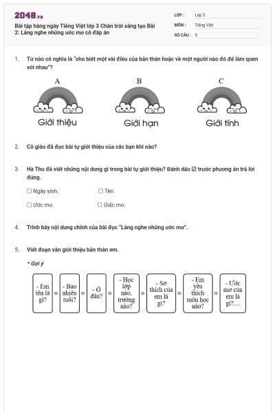 Bài tập hàng ngày Tiếng Việt lớp 3 Chân trời sáng tạo Bài 2: Lắng nghe những ước mơ có đáp án