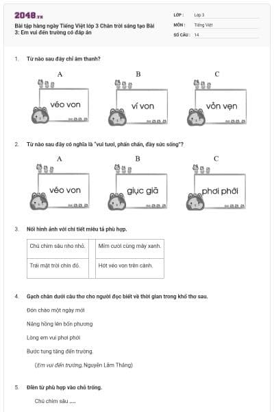 Bài tập hàng ngày Tiếng Việt lớp 3 Chân trời sáng tạo Bài 3: Em vui đến trường có đáp án