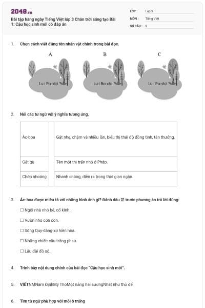 Bài tập hàng ngày Tiếng Việt lớp 3 Chân trời sáng tạo Bài 1: Cậu học sinh mới có đáp án