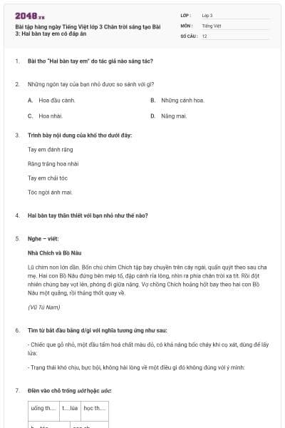 Bài tập hàng ngày Tiếng Việt lớp 3 Chân trời sáng tạo Bài 3: Hai bàn tay em có đáp án