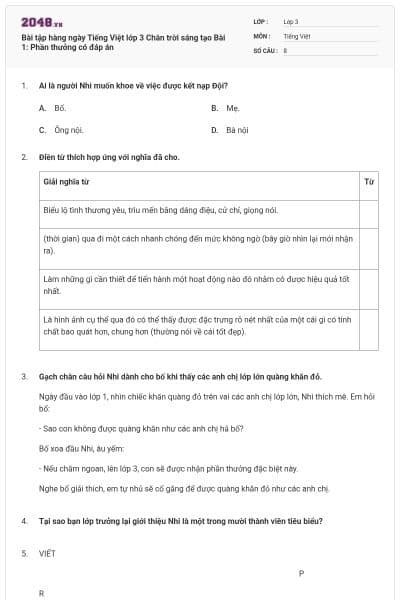 Bài tập hàng ngày Tiếng Việt lớp 3 Chân trời sáng tạo Bài 1: Phần thưởng có đáp án