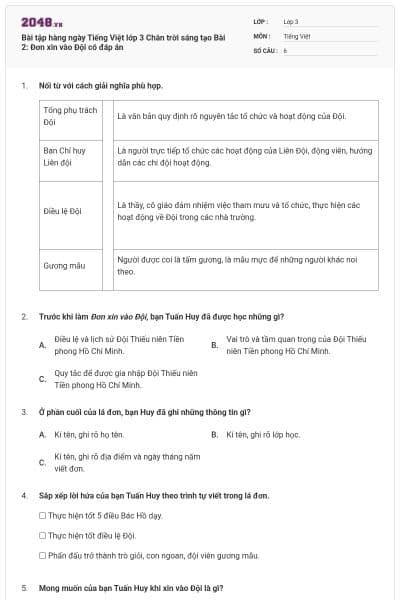 Bài tập hàng ngày Tiếng Việt lớp 3 Chân trời sáng tạo Bài 2: Đơn xin vào Đội có đáp án