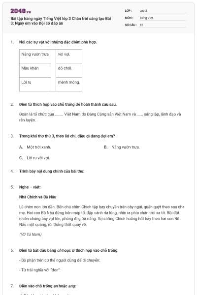 Bài tập hàng ngày Tiếng Việt lớp 3 Chân trời sáng tạo Bài 3: Ngày em vào Đội có đáp án