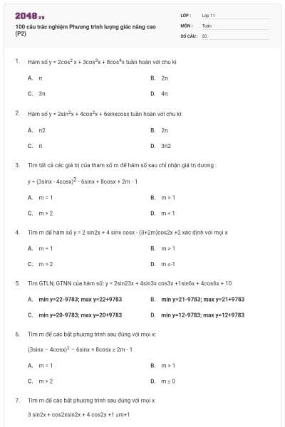 100 câu trắc nghiệm Phương trình lượng giác nâng cao (P2)