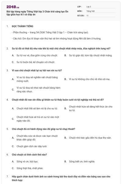 Bài tập hàng ngày Tiếng Việt lớp 3 Chân trời sáng tạo Ôn tập giữa học kì I có đáp án