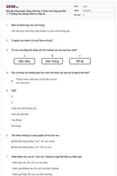 Bài tập hàng ngày Tiếng Việt lớp 3 Chân trời sáng tạo Bài 1: Ý tưởng của chúng mình có đáp án