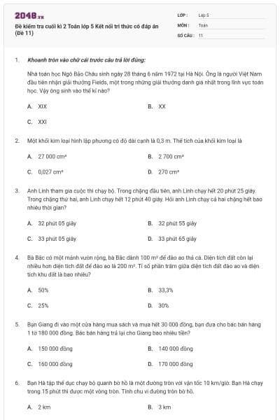 Đề kiểm tra cuối kì 2 Toán lớp 5 Kết nối tri thức có đáp án (Đề 11)