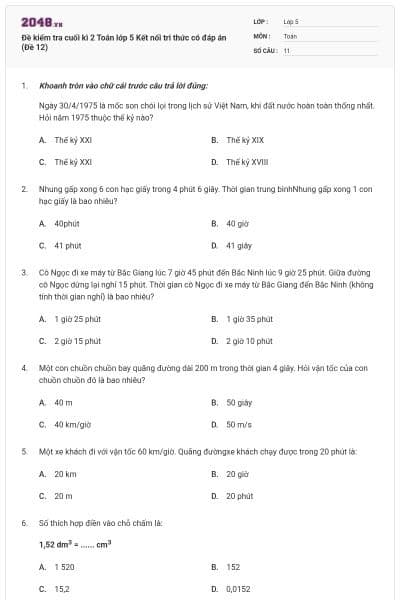 Đề kiểm tra cuối kì 2 Toán lớp 5 Kết nối tri thức có đáp án (Đề 12)