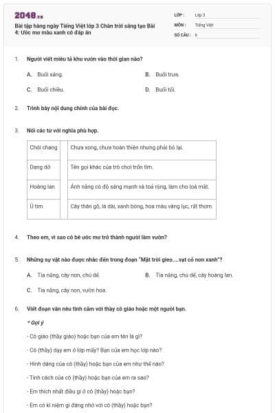 Bài tập hàng ngày Tiếng Việt lớp 3 Chân trời sáng tạo Bài 4: Ước mơ màu xanh có đáp án