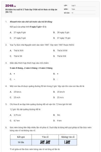 Đề kiểm tra cuối kì 2 Toán lớp 5 Kết nối tri thức có đáp án (Đề 13)