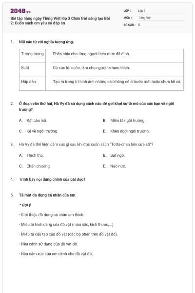 Bài tập hàng ngày Tiếng Việt lớp 3 Chân trời sáng tạo Bài 2: Cuốn sách em yêu có đáp án