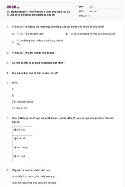 Bài tập hàng ngày Tiếng Việt lớp 3 Chân trời sáng tạo Bài 1: Chú sẻ và bông hoa bằng lăng có đáp án