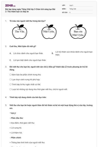 Bài tập hàng ngày Tiếng Việt lớp 3 Chân trời sáng tạo Bài 2: Thư thăm bạn có đáp án