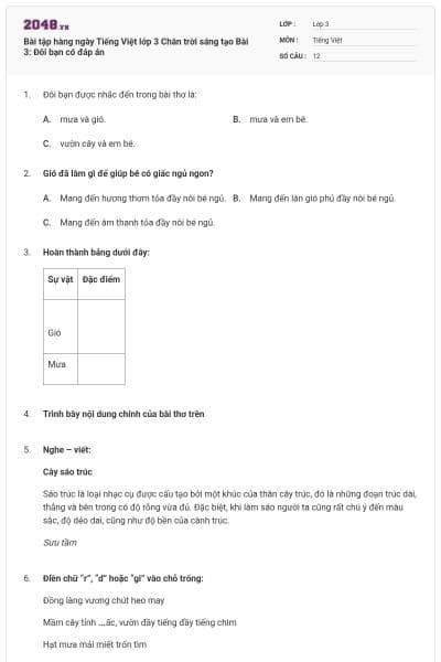 Bài tập hàng ngày Tiếng Việt lớp 3 Chân trời sáng tạo Bài 3: Đôi bạn có đáp án