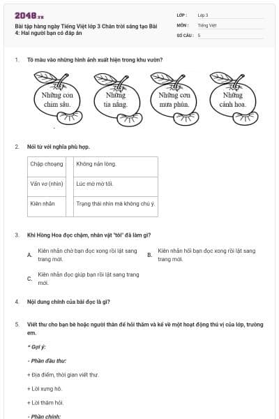 Bài tập hàng ngày Tiếng Việt lớp 3 Chân trời sáng tạo Bài 4: Hai người bạn có đáp án