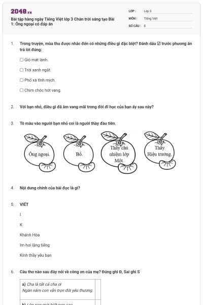 Bài tập hàng ngày Tiếng Việt lớp 3 Chân trời sáng tạo Bài 1: Ông ngoại có đáp án