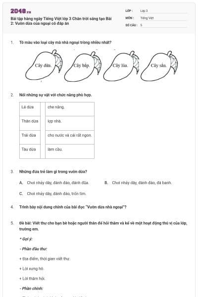 Bài tập hàng ngày Tiếng Việt lớp 3 Chân trời sáng tạo Bài 2: Vườn dừa của ngoại có đáp án