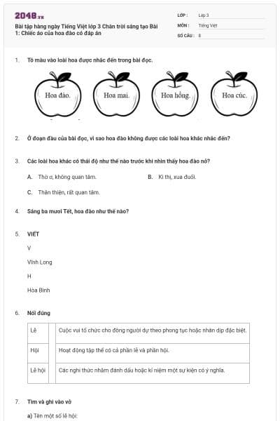 Bài tập hàng ngày Tiếng Việt lớp 3 Chân trời sáng tạo Bài 1: Chiếc áo của hoa đào có đáp án