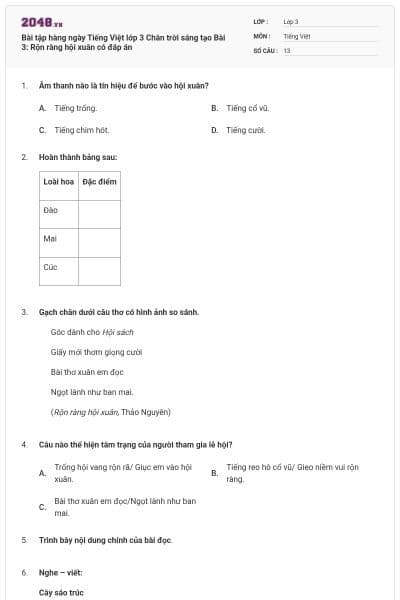 Bài tập hàng ngày Tiếng Việt lớp 3 Chân trời sáng tạo Bài 3: Rộn ràng hội xuân có đáp án