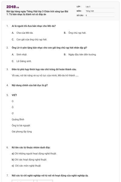 Bài tập hàng ngày Tiếng Việt lớp 3 Chân trời sáng tạo Bài 1: Từ bản nhạc bị đánh rơi có đáp án