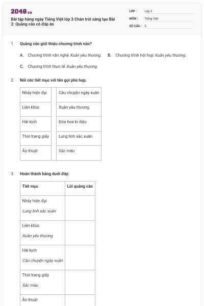 Bài tập hàng ngày Tiếng Việt lớp 3 Chân trời sáng tạo Bài 2: Quảng cáo có đáp án