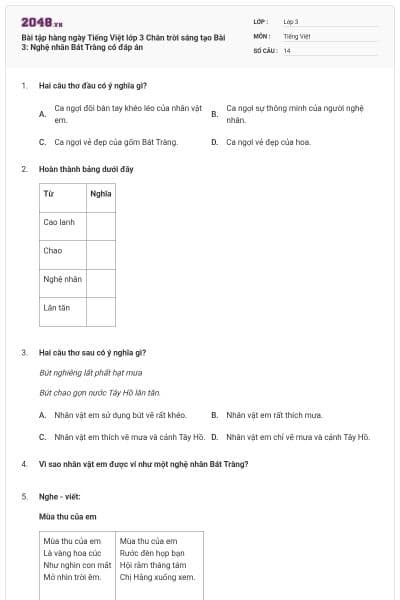 Bài tập hàng ngày Tiếng Việt lớp 3 Chân trời sáng tạo Bài 3: Nghệ nhân Bát Tràng có đáp án