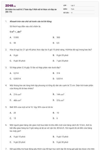 Đề kiểm tra cuối kì 2 Toán lớp 5 Kết nối tri thức có đáp án (Đề 14)