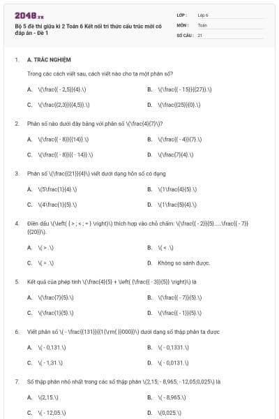 Bộ 5 đề thi giữa kì 2 Toán 6 Kết nối tri thức cấu trúc mới có đáp án - Đề 1