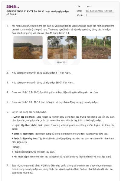 Giải SGK GDQP 11 KNTT Bài 10: Kĩ thuật sử dụng lựu đạn có đáp án