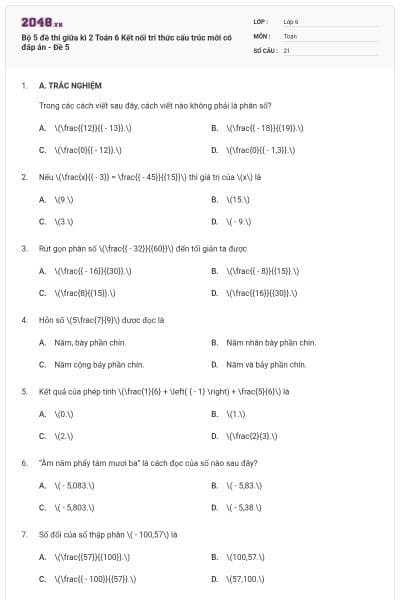 Bộ 5 đề thi giữa kì 2 Toán 6 Kết nối tri thức cấu trúc mới có đáp án - Đề 5