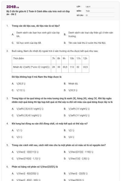 Bộ 5 đề thi giữa kì 2 Toán 6 Cánh diều cấu trúc mới có đáp án - Đề 2
