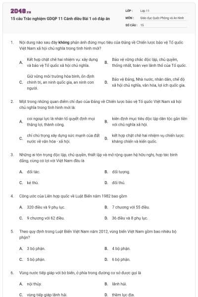 15 câu Trắc nghiệm GDQP 11 Cánh diều Bài 1 có đáp án