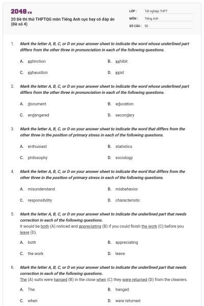 20 Đề thi thử THPTQG môn Tiếng Anh cực hay có đáp án (Đề số 4)