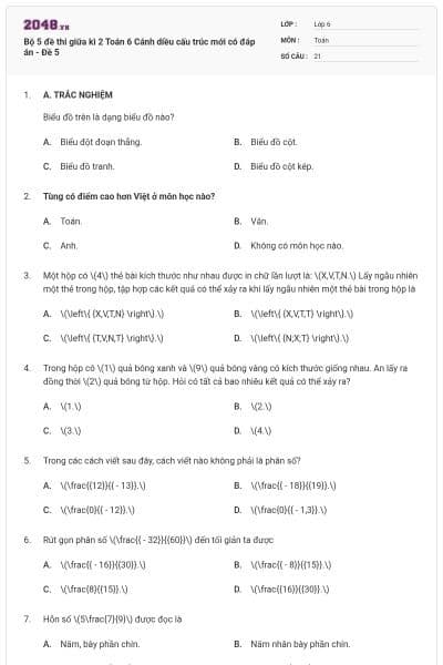 Bộ 5 đề thi giữa kì 2 Toán 6 Cánh diều cấu trúc mới có đáp án - Đề 5