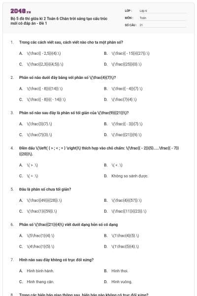 Bộ 5 đề thi giữa kì 2 Toán 6 Chân trời sáng tạo cấu trúc mới có đáp án - Đề 1