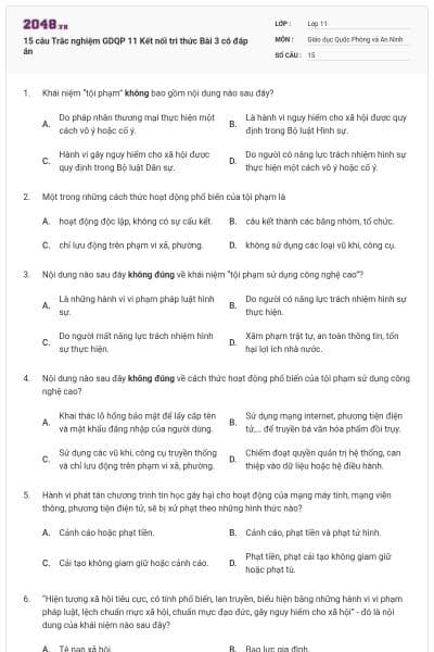 15 câu Trắc nghiệm GDQP 11 Kết nối tri thức Bài 3 có đáp án