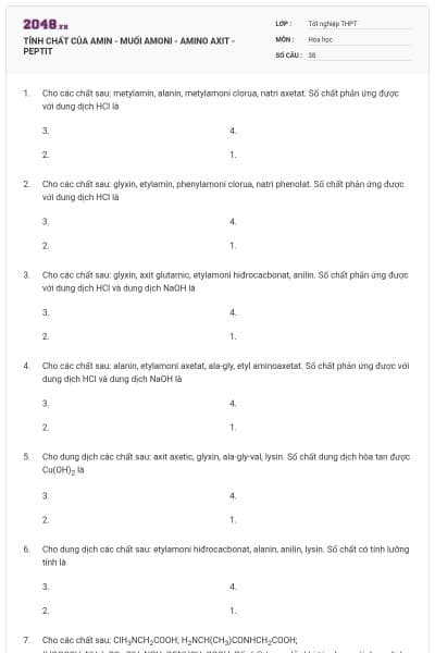 TÍNH CHẤT CỦA AMIN - MUỐI AMONI - AMINO AXIT - PEPTIT