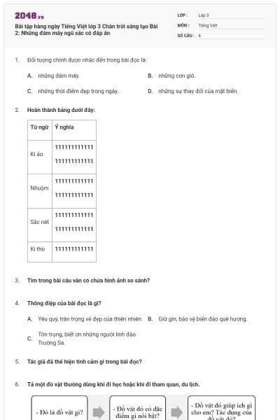 Bài tập hàng ngày Tiếng Việt lớp 3 Chân trời sáng tạo Bài 2: Những đám mây ngũ sắc có đáp án
