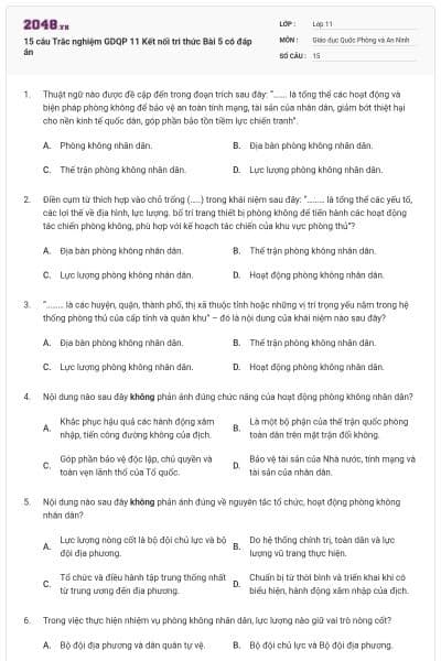 15 câu Trắc nghiệm GDQP 11 Kết nối tri thức Bài 5 có đáp án