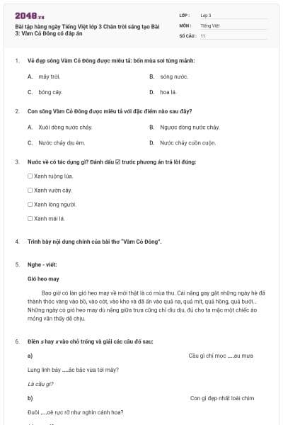 Bài tập hàng ngày Tiếng Việt lớp 3 Chân trời sáng tạo Bài 3: Vàm Cỏ Đông có đáp án