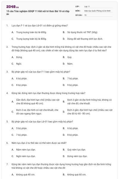 15 câu Trắc nghiệm GDQP 11 Kết nối tri thức Bài 10 có đáp án