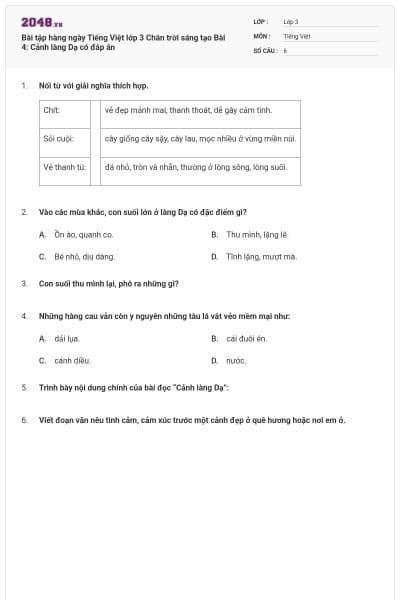 Bài tập hàng ngày Tiếng Việt lớp 3 Chân trời sáng tạo Bài 4: Cảnh làng Dạ có đáp án
