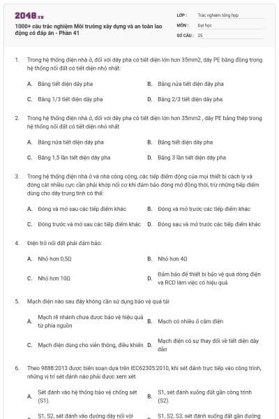 1000+ câu trắc nghiệm Môi trường xây dựng và an toàn lao động có đáp án - Phần 41